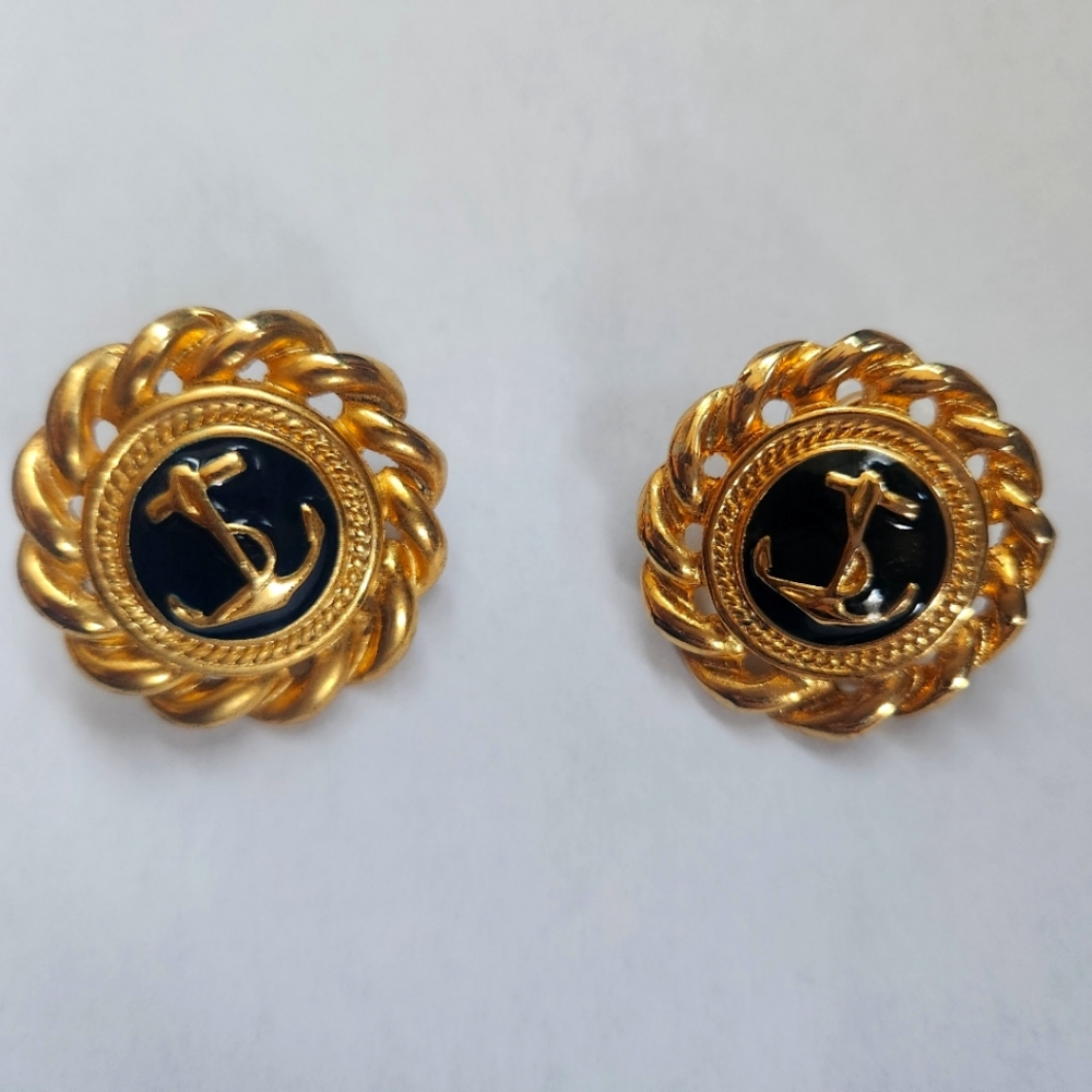 Vintage Gold Tone Nautical Navy Anchor Stud Earrings